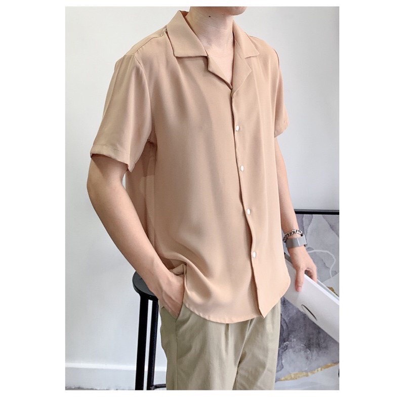 Áo sơ mi lụa tay ngắn trơn unisex