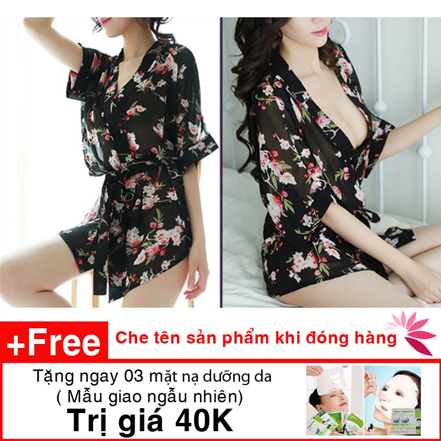 Váy , áo choàng ngủ Kimono Chiffon sexy, voan hoa trong suốt tặng kèm 3 mặt nạ - AN2