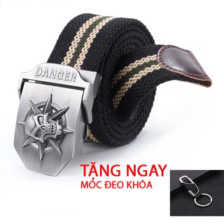 Dây nịt lính vải bố Mặt Đầu lâu thép không gỉ, Dây nịt Nam quân đôi siêu cá tính và bền đẹp