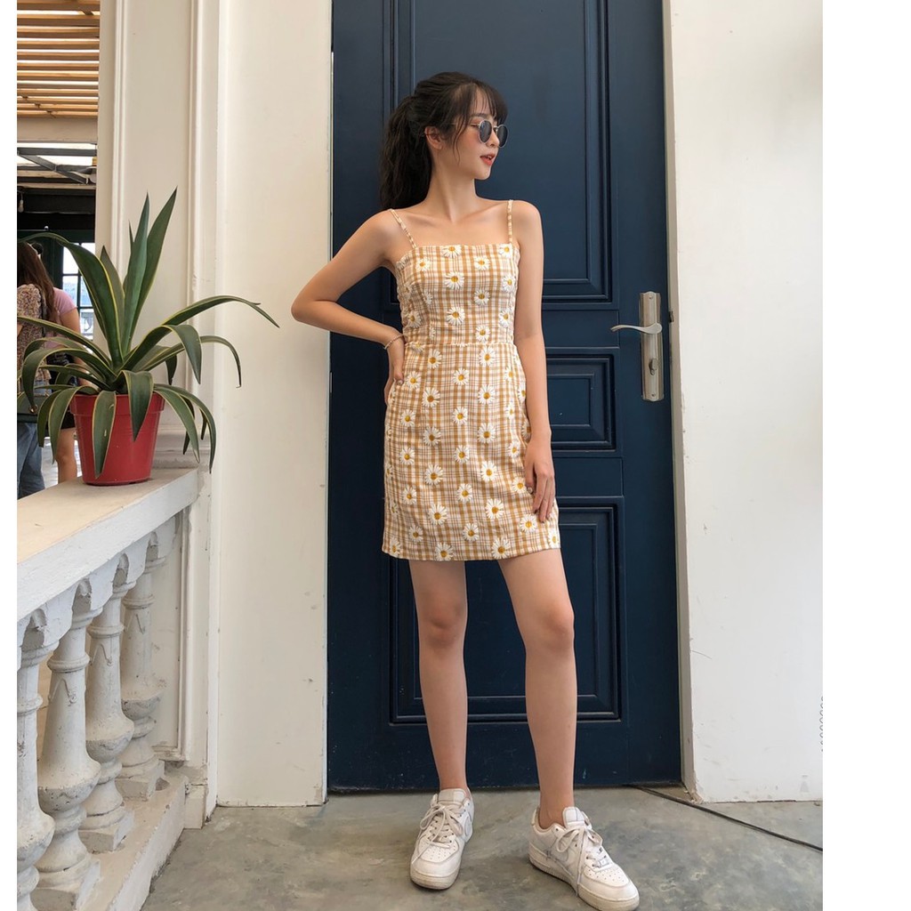 ♚Đầm Hai Dây Hoa Cúc Caro Body Nữ 🌸 Váy 2s kẻ sọc ô dáng suông ôm cotton thô mềm chun sau khóa kéo ulzzang SIÊU HOT 🌸