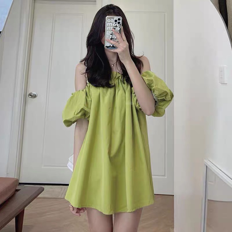 Áo trễ vai tay bồng lỡ- đầm babydoll  giấu quần hở vai màu XANH CỐM chất thô mềm phong cách ulzzang . MET SHOP