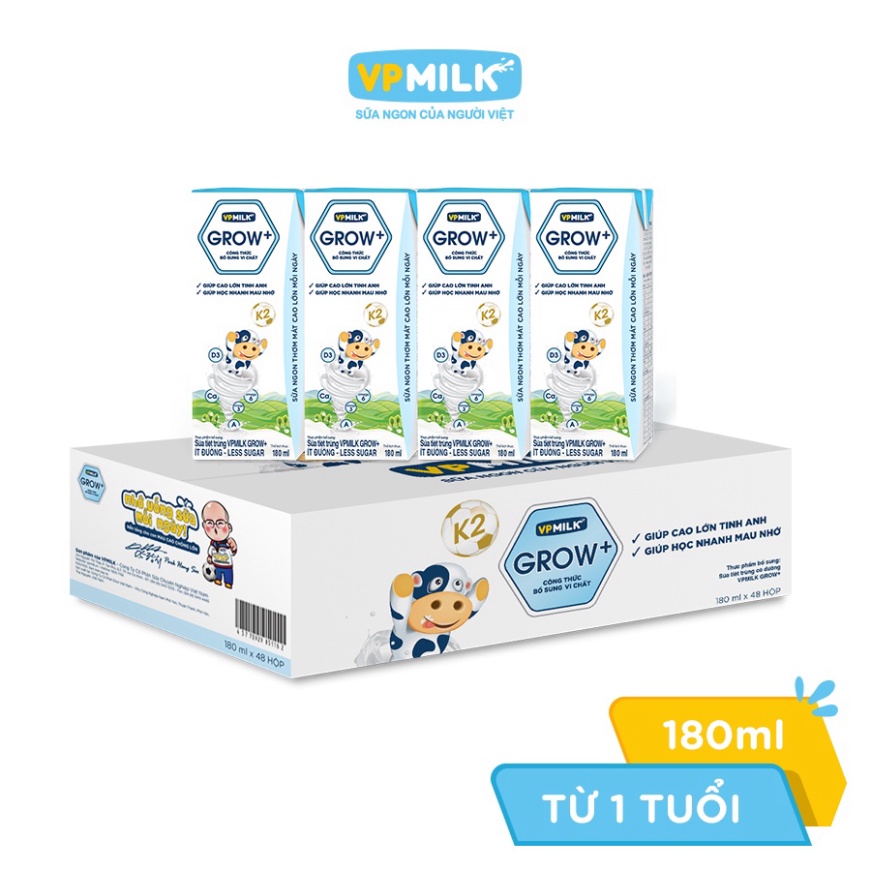 Sữa tiệt trùng VPMilk Grow+ hộp 180ml (thùng 48 hộp)