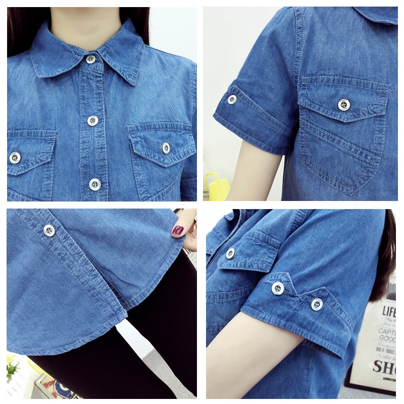 Áo Sơ Mi Denim Tay Ngắn Dáng Ôm Phong Cách Hàn Quốc Thời Trang Cho Nữ