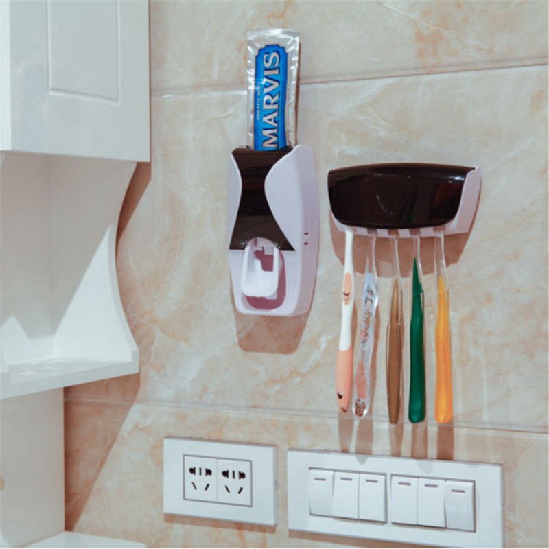Fashion Home Bathroom Automatic Toothpaste Dispenser+ 5pcs Toothbrush Holder Set/Wall Mount Rack Bath set Toothpaste Squeezers/Storage Rack Bathroom Supplies Toiletries