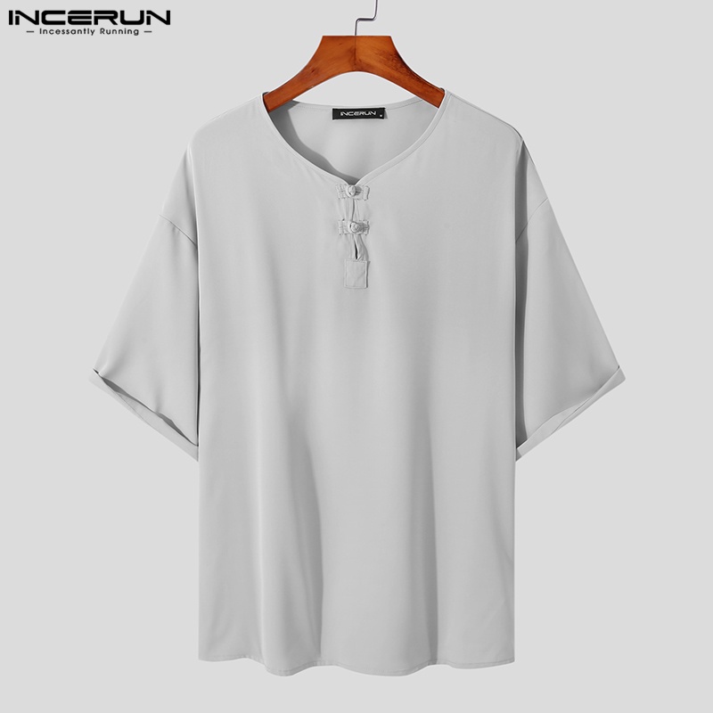 Áo thun INCERUN tay lỡ cổ chữ v màu sắc đơn giản phong cách trung hoa cho nam giới
