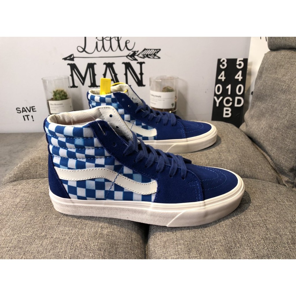  Vans Sk8-Hi Vans Royal Blue Fuzzy Checkerboard "Classic High-Top Canvas Sneakers 35-44