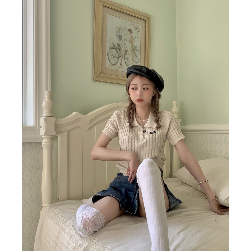 Cocory vn Áo croptop dệt kim ngắn tay dáng ôm thời trang Hàn Quốc quyến rũ cho nữ