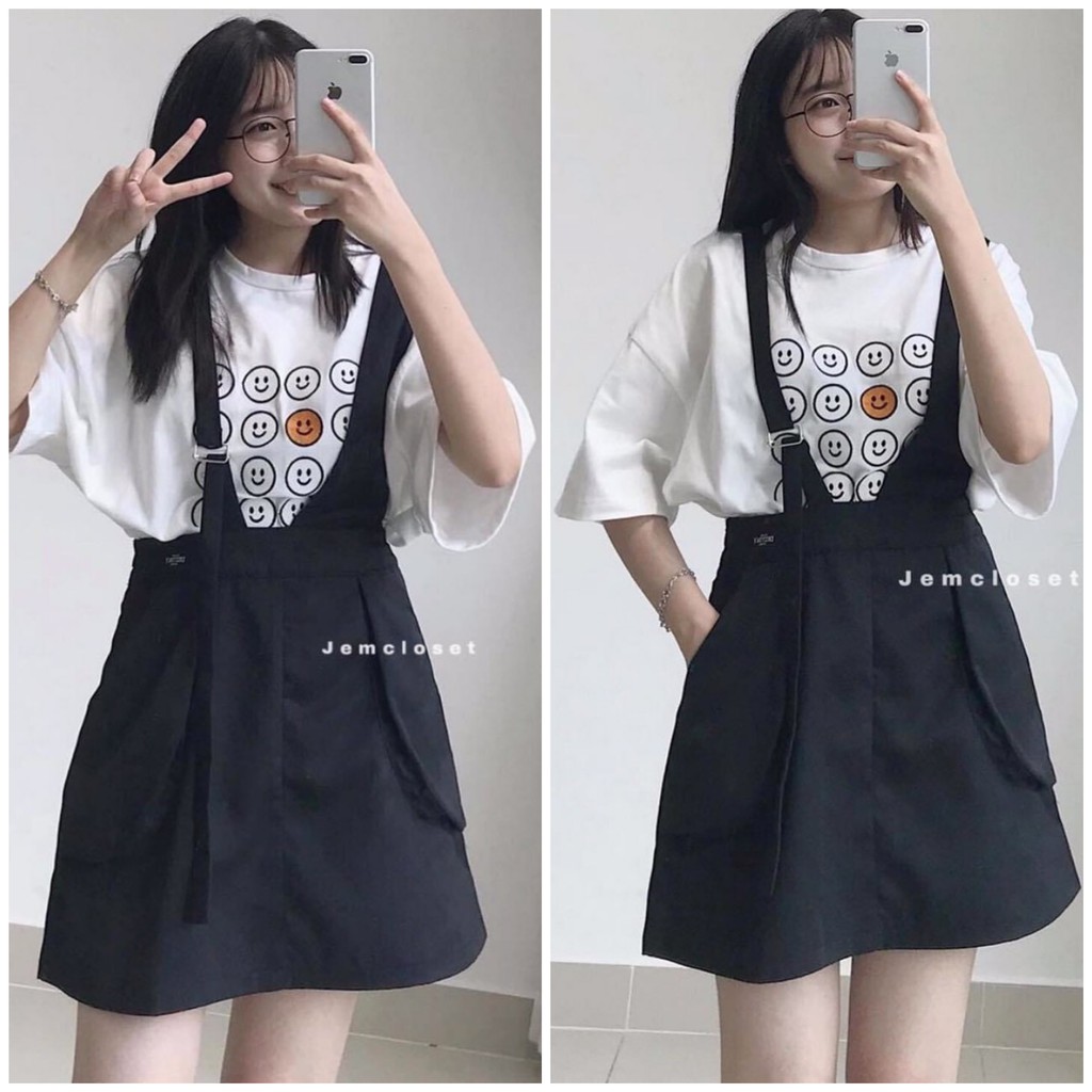 Set áo thun mặt cười quần yếm💖FREESHIP💖 Áo phông dáng rộng mix quần yếm phong cách thời trang AD110 - Anana.store