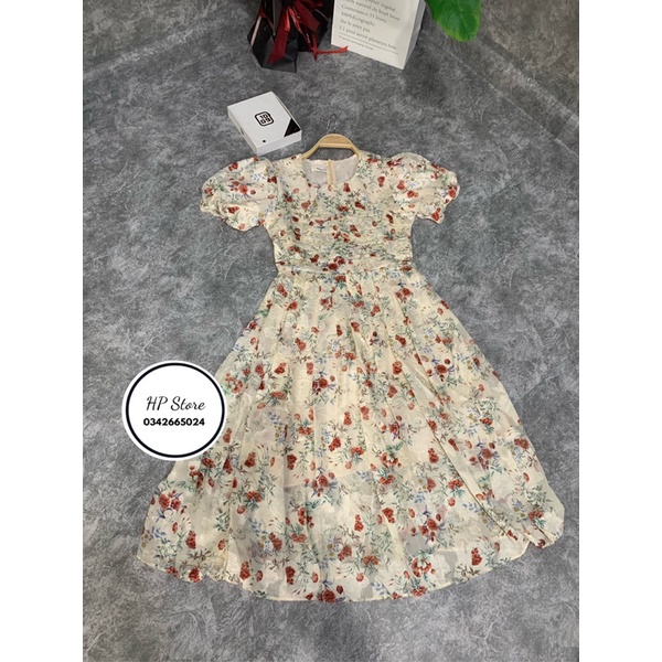 (Siêu Hót) Váy kem hoa đỏ xếp ly ngực  tay bồng tiểu thư điệu đà (kèm ảnh thật) | BigBuy360 - bigbuy360.vn