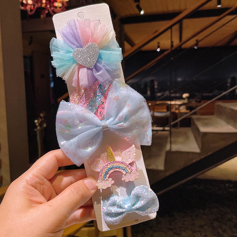 Set kẹp tóc có bọc vải cho bé gái mẫu cầu vồng lưới xinh xắn