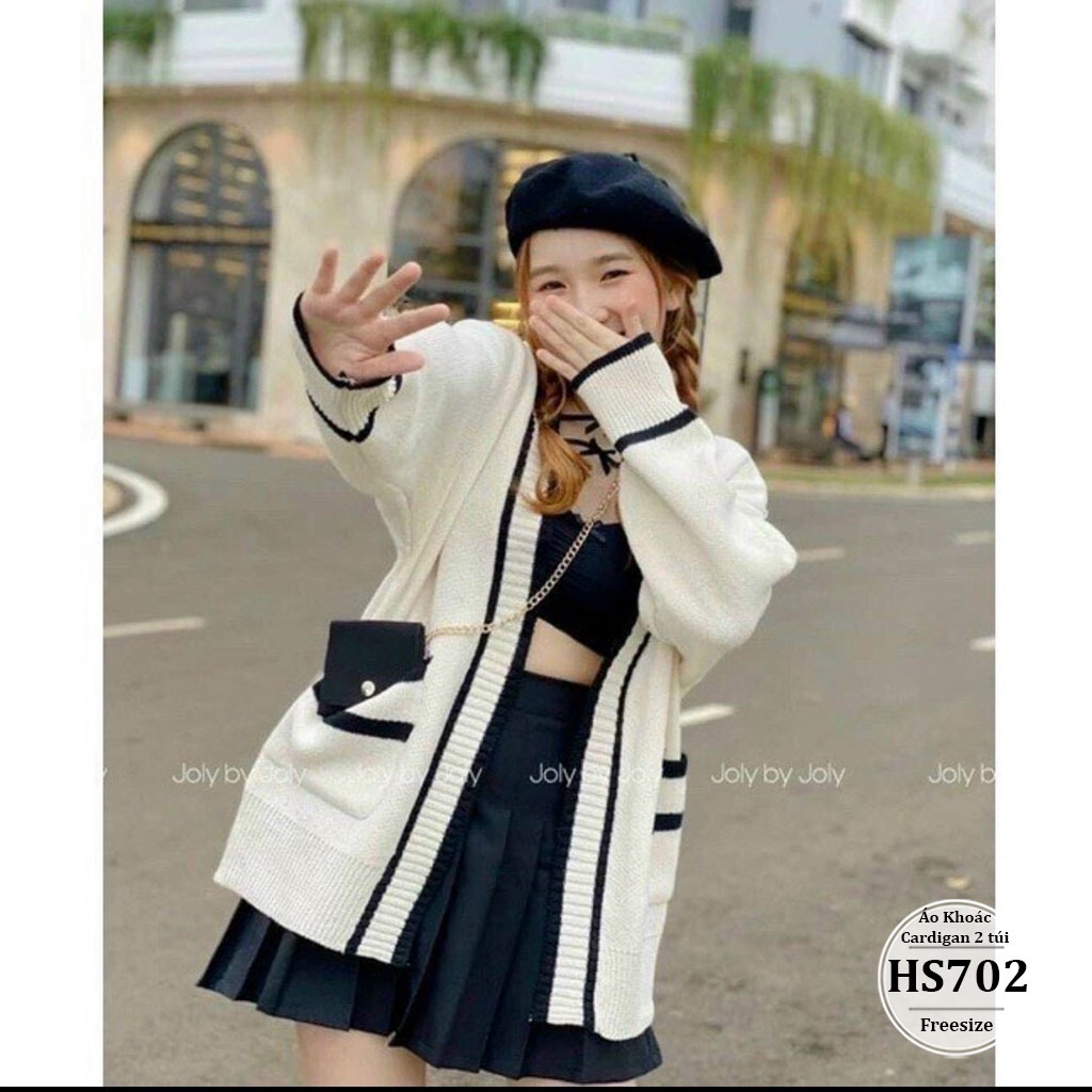Áo khoác cardigan cao cấp phối kẻ 2 túi bigsize HS702 - Áo len Cadigan Nữ Dày Sọc Đen Trắng, Kẻ Ulzzang Hàn Quốc