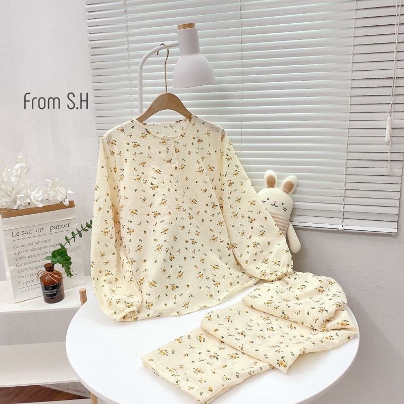Bộ đũi xốp viền bèo dài thu đông mặc nhà dễ thương