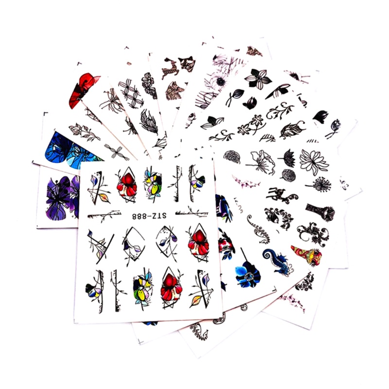 Set 14 Tờ Nhãn Dán Họa Tiết Hoa / Động Vật Vintage Trang Trí Móng Nghệ Thuật