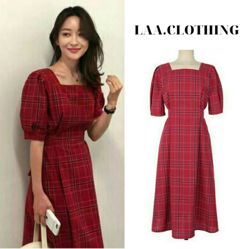 Váy kẻ thắt eo cổ vuông ngắn tay-ord