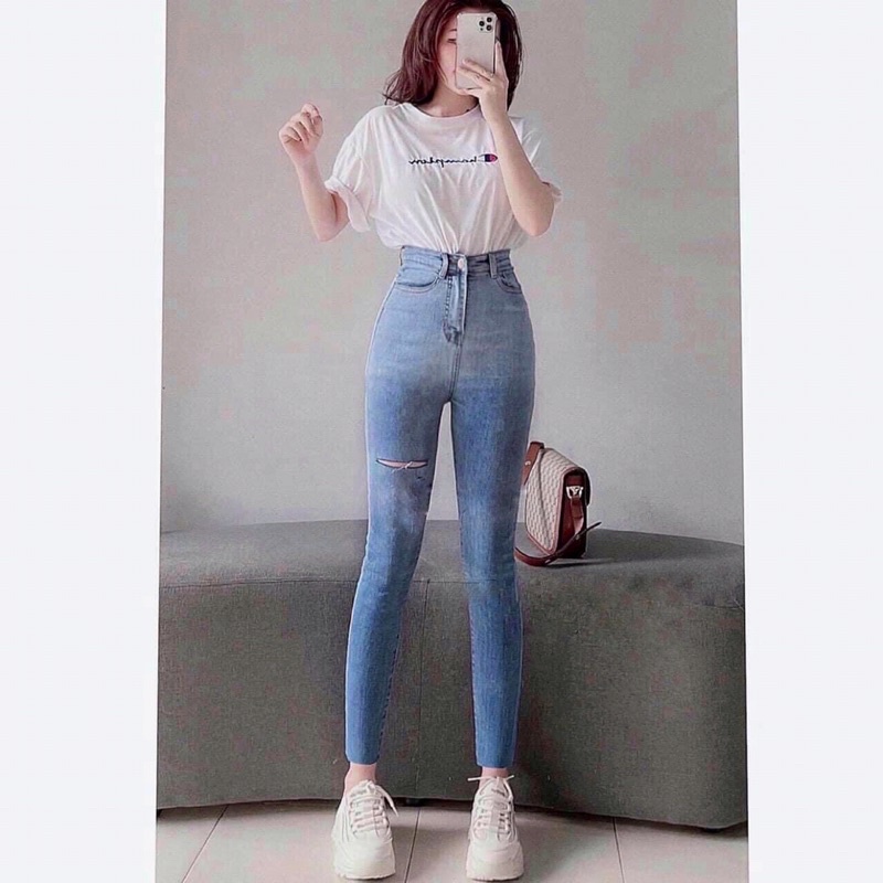 Quần Jean Skinny Xanh Loang Nhạt Rách 1 Đùi, Lưng Cao Trên Rốn - Co Giãn Thoải Mái
