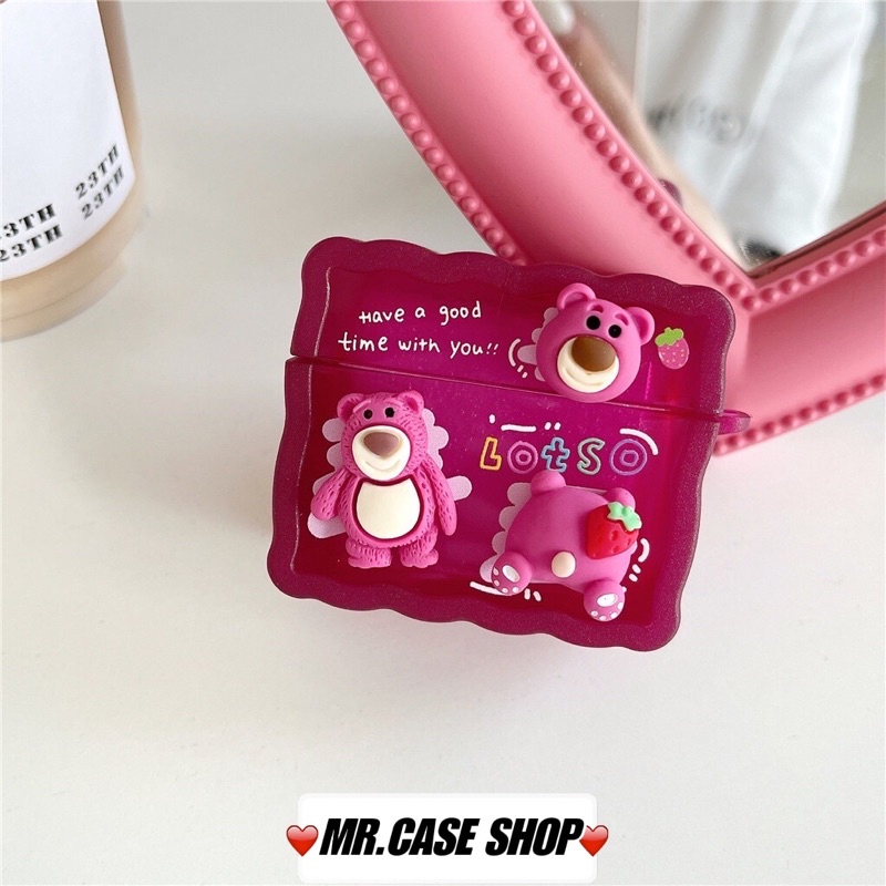 [ CÓ AP 3 ] Case Airpods 1/2 /Pro Vỏ Ốp Tai Nghe Hình Vuông Gấu Hồng Lotso Sticker Nổi - Mr.Case AirPods