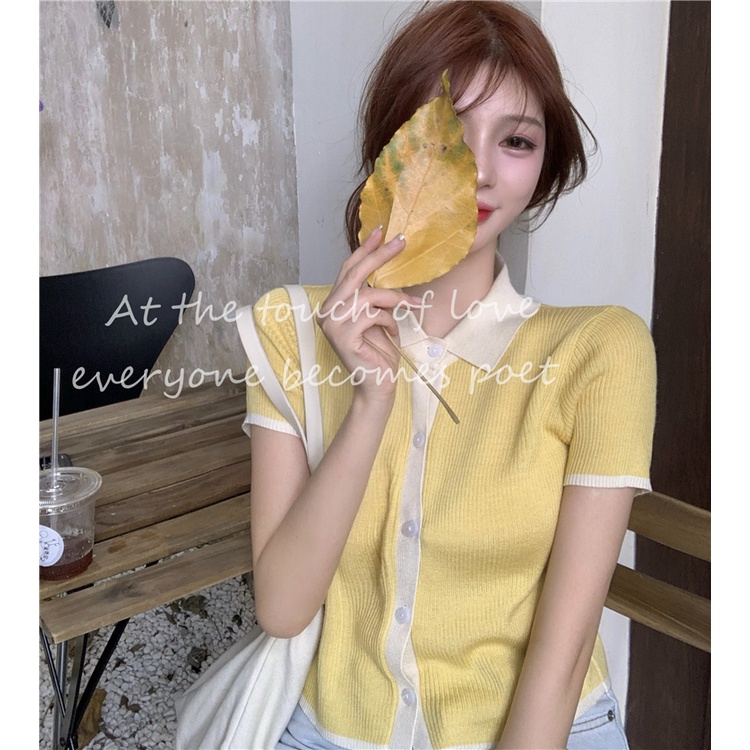 Cocory vn Thời Trang Áo Cardigan Dệt Kim Tay Ngắn Cổ Polo Thiết Kế Quyến Rũ Cho Phái Nữ