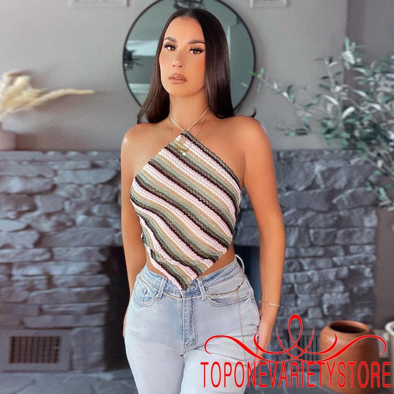 Set Đồ Mùa Hè 2 Món Gồm Áo Cổ Yếm Buộc Dây Màu Sắc Tương Phản Và Chân Váy Ngắn Cho Nữ