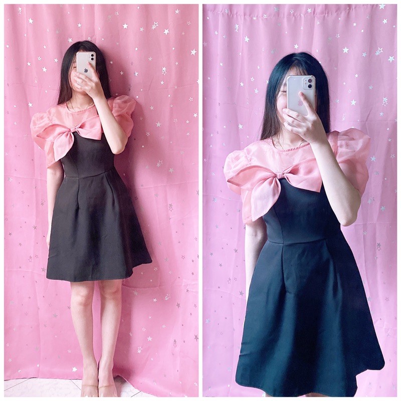 Đầm xoè phối vải kính nơ to đẹp có hình thật sau