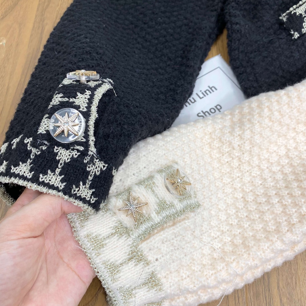 MS824 Áo khoác cardigan len nữ hạt gạo viền màu túi giả