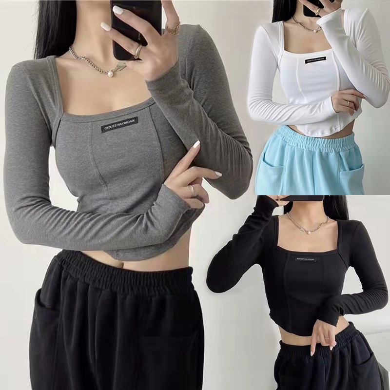 Áo thun croptop tay dài cổ vuông chất liệu Cotton thời trang mùa thu phong cách Hàn Quốc mới cho nữ