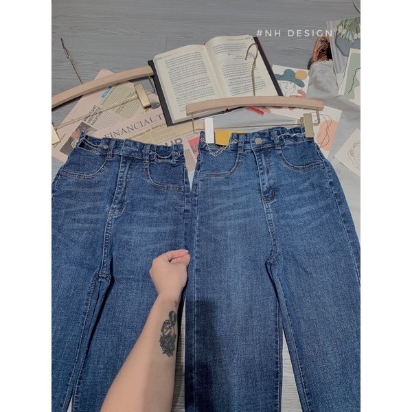 Quần jeans suông giãn pha cạp xích oze