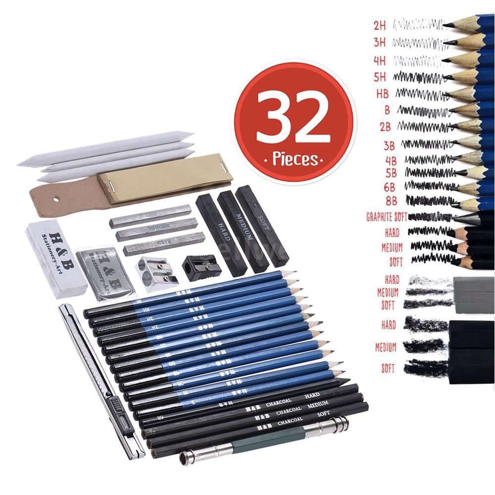 32pcs/Set Professional Drawing Sketch Pencil Kit Including Sketch Pencils Graphite & Charcoal Pencils Sticks Erasers Sha