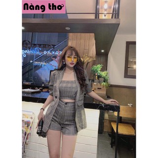 SET Bộ Vest Caro Ford Cao Cấp (Áo Khoác + Áo ống trong + Quần đùi), Set công sở cực hot