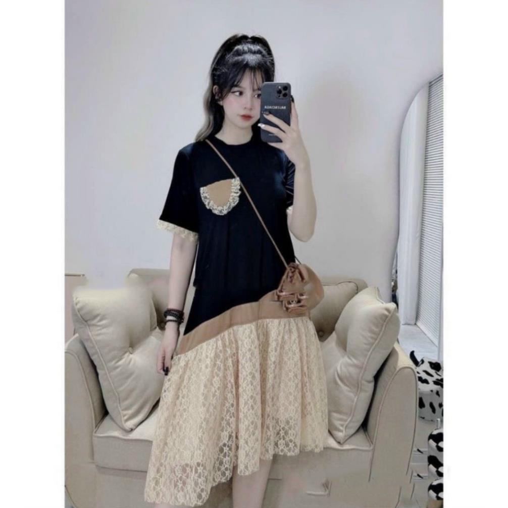 Váy bầu đẹp chất cotton pha chân ren có túi ngực