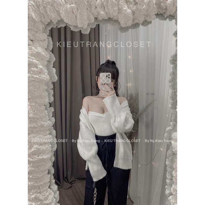 Set áo len lông thỏ áo 2 dây kèm áo khoác trơn màu quảng châu đẹp CS185