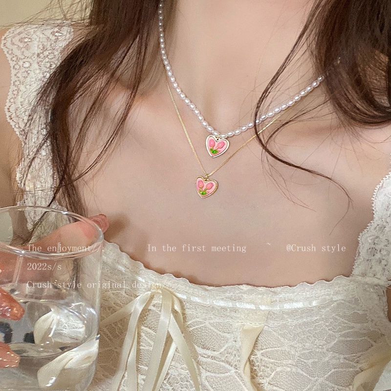 Vòng cổ Mặt Hoa Tulip Hồng Đính Ngọc Trai Thanh Lịch