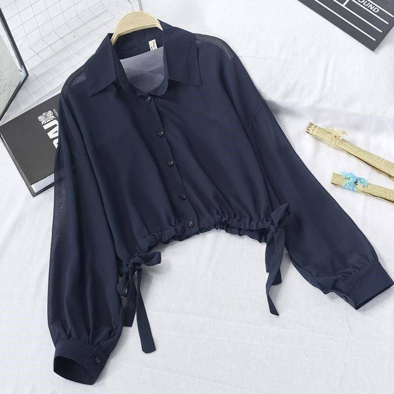 Áo Sơ Mi Voan Mỏng Tay Phồng Ngắn Màu Trơn Chống Nắng Thời Trang Mùa Hè Cho Nữ