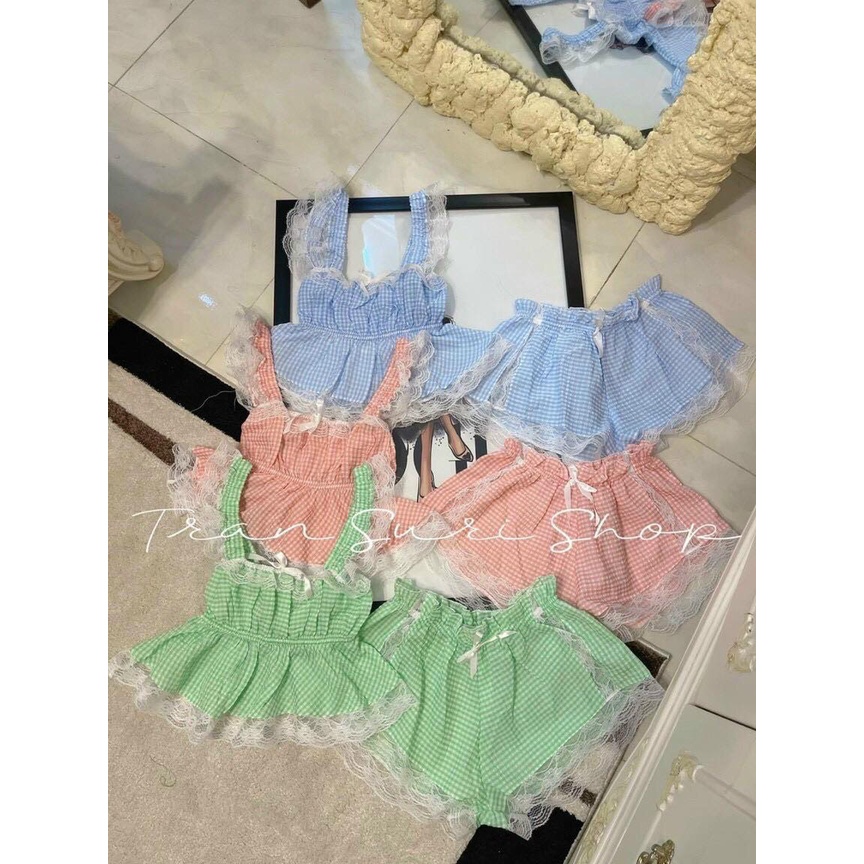 Set bộ xốp caro phối ren  hàng loại 1 chất đẹp siêu dễ thương