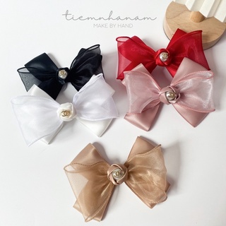 🎀 kẹp tóc nơ sattin phối voan đính hoa trai cao cấp -