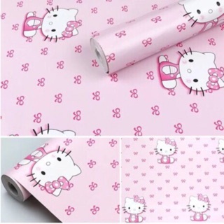 Giấy dán tường Hello kitty nơ hồng keo dán sẵn ( 1 cuộn dán đc 4m2)