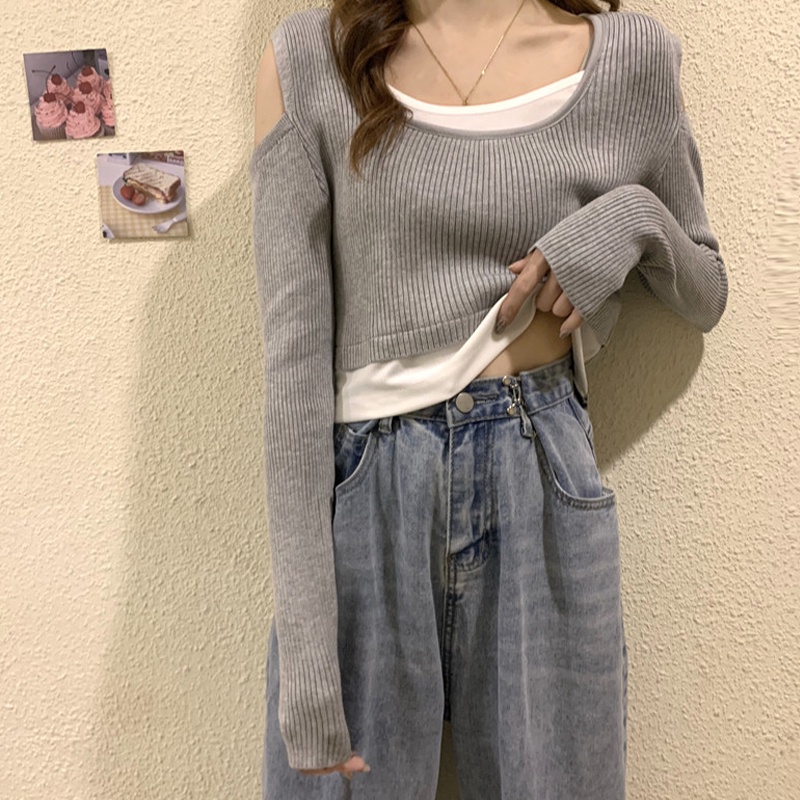 Áo dệt kim ZHELIHANGFEI tay dài trễ vai giả hai lớp phong cách thời trang cá tính cho nữ