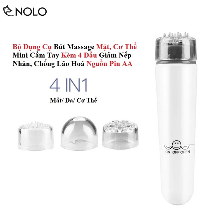 Dụng Cụ Bút Massage Mặt, Cơ Thể Mini Cầm Tay Kèm 4 Đầu Giảm Nếp Nhăn, Chống Lão Hoá Nguồn Pin AA