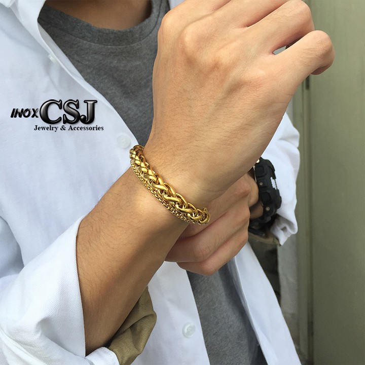 lắc tay inox 2 tầng mạ vàng bông dừa kết hợp khoen đang vuông siêu đẹp chuẩn thời trang