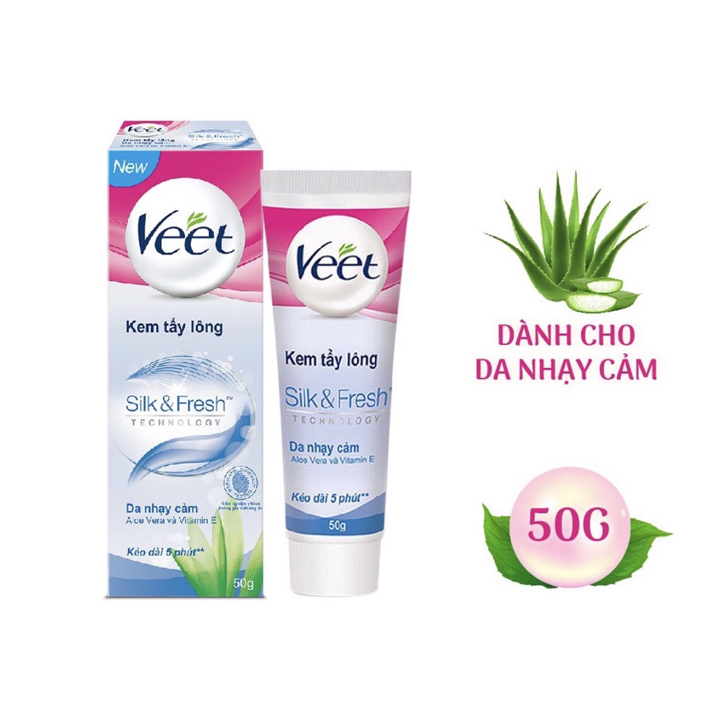 Kem tẩy lông Veet Silk &amp; Fresh Aloe Vera &amp; Vitamin E Dành Cho Da Nhạy Cảm 50g