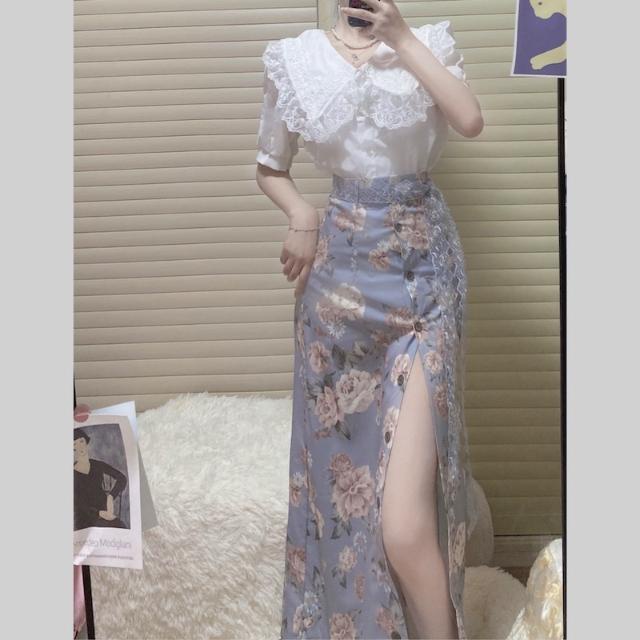 Set áo sơ mi tay ngắn cổ búp bê + chân váy in họa tiết thời trang mùa hè cho nữ