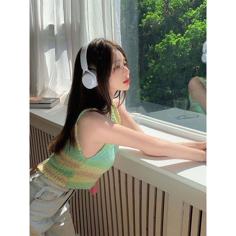 Áo Croptop Dệt Kim Màu Cầu Vồng Thời Trang Cho Nữ