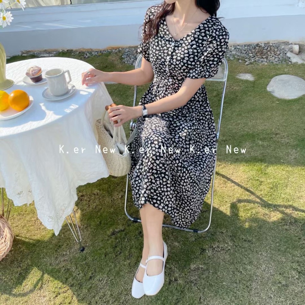 Váy hoa nhí cổ V tay chun dáng dài qua gối VKE1017 Ulzzang style🌻 Hàng Quảng Châu!!!