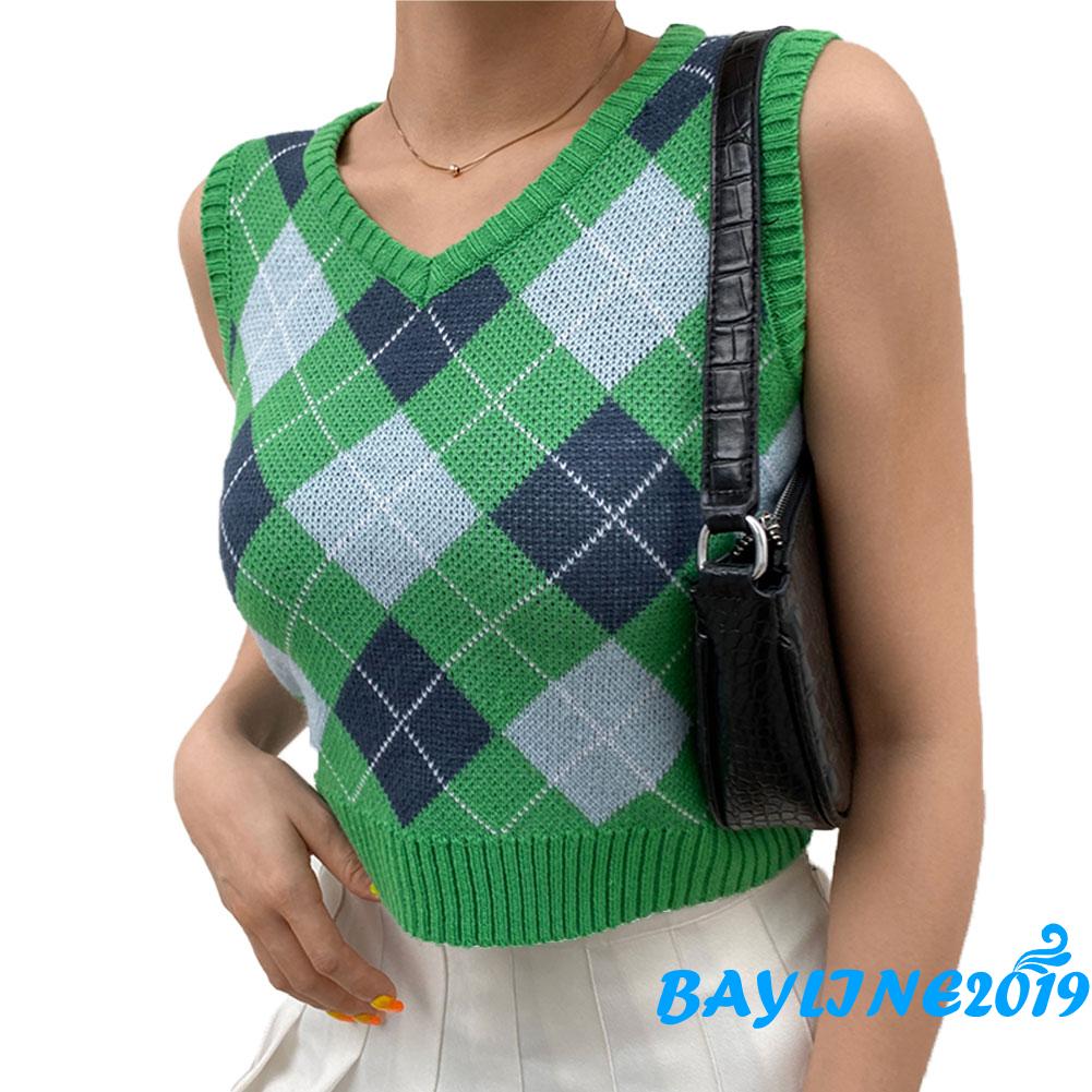 Áo sweater không tay dáng lửng phối họa tiết kẻ sọc ca rô thời trang