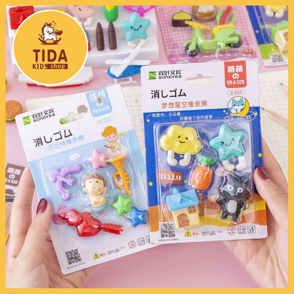 Vỉ Gôm Tẩy Bút Chì ⚡ HOT TREND ⚡ Vỉ Nhiều Mẫu Dễ Thương, Đẹp Cute, Văn Phòng Phẩm TiDa Kids Shop