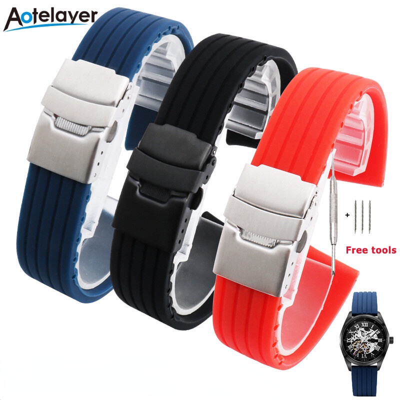 Dây Đeo Đồng Hồ Thay Thế Bằng Cao Su Silicone Rộng 18mm 20mm 22mm 24mm Chống Nước Có Khóa Cài Cho Nam