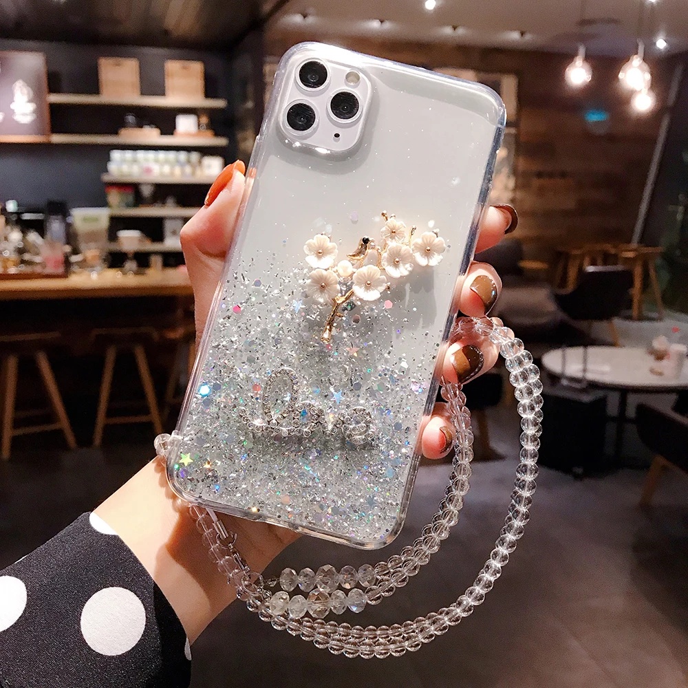 Ốp Điện Thoại Hình Hoa 3d Đính Pha Lê Lấp Lánh Gắn Dây Đeo Cho iphone 15 14 13 11 12 pro max 14 plus