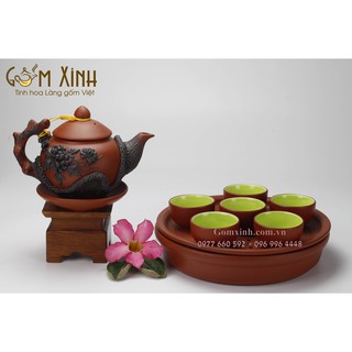 ấm chén Bát Tràng_Bộ bình trà gốm đất đỏ kèm khay 2 lớp