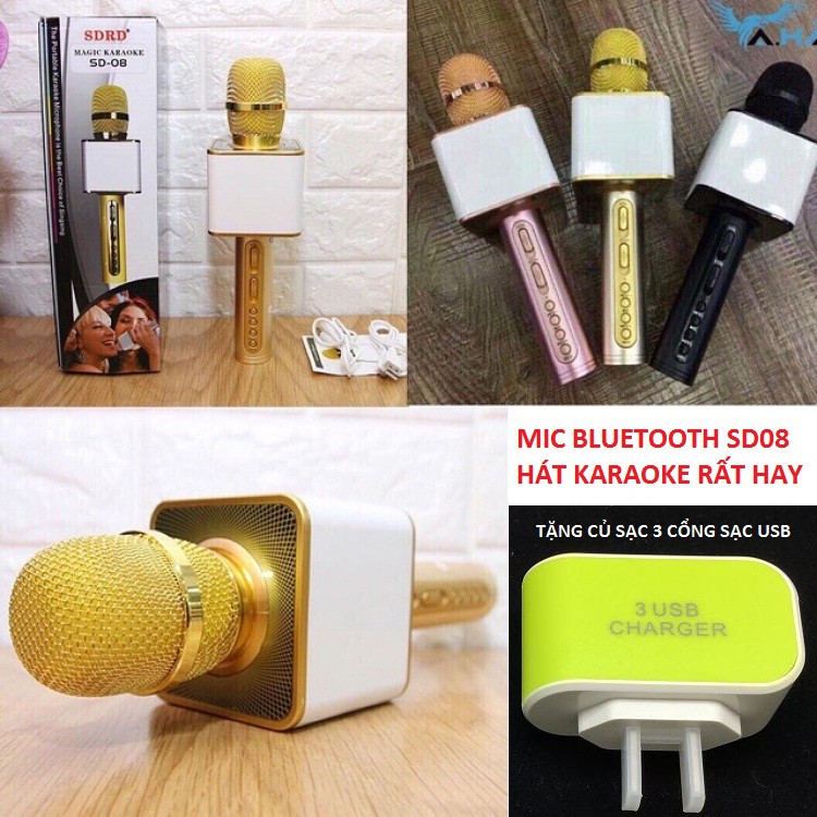Micro Bluetooth SD08 Tặng Củ Sạc 3 Cổng Sạc USB -Mic Hát Karaoke  Kèm Loa Bluetooth Âm Thanh To Trầm Ấm