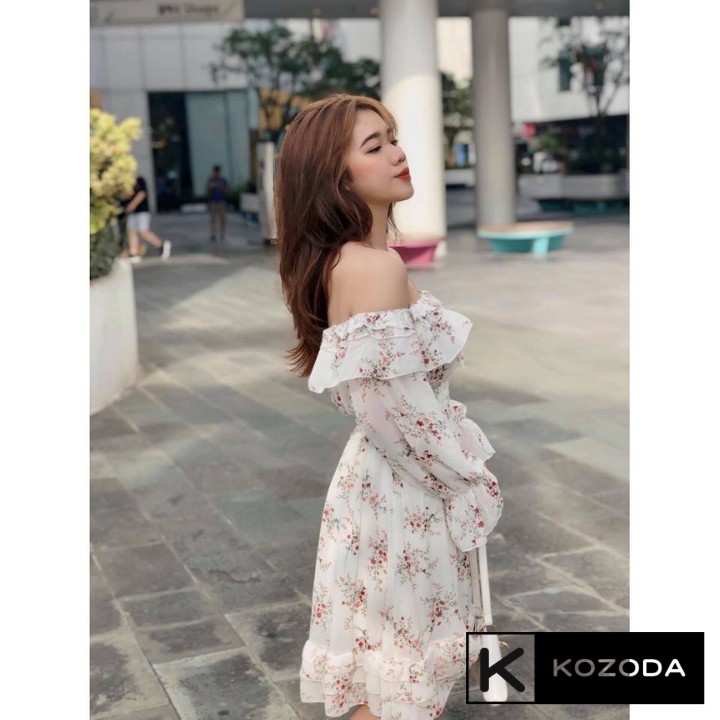 Váy Hoa Nhí Đầm Voan vintage Dáng Dài đẹp trễ vai bèo dài tay chun eo dáng xòe có lớp lót Quảng Châu kozoda d16 | BigBuy360 - bigbuy360.vn