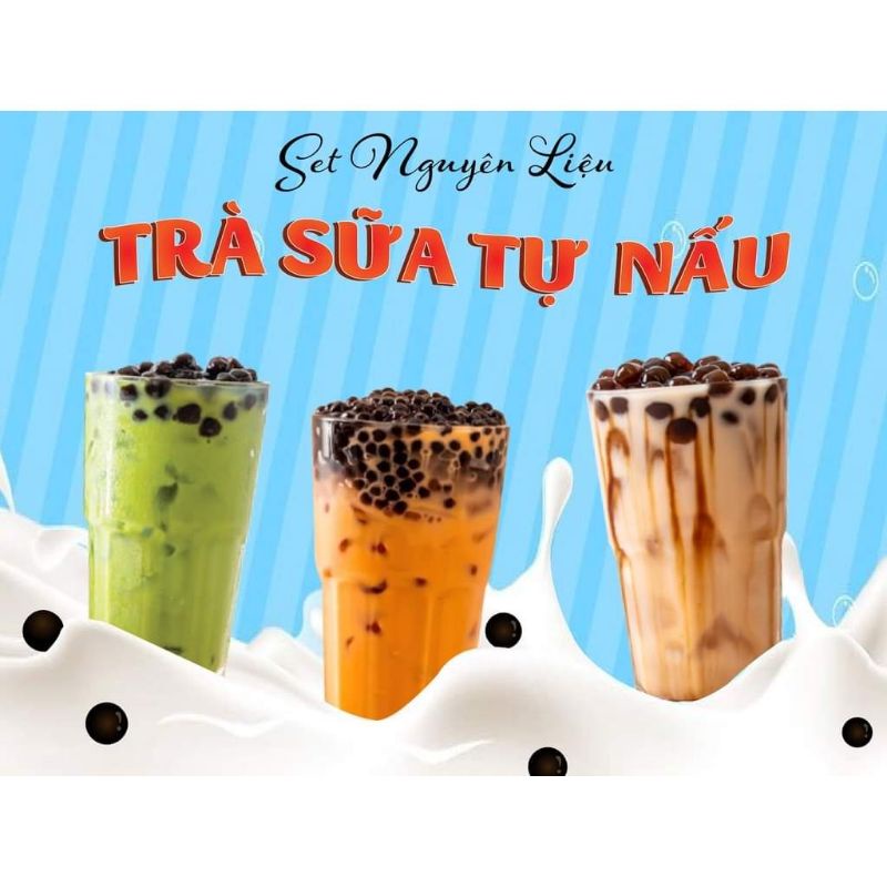 Set Nguyên Liệu Pha Trà Sữa Đường Đen, Phúc Long, Matcha, Trà Đào (20 Ly)